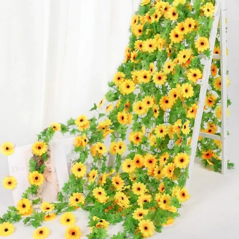 Artificial Sunflower Vine Silk Sunflower Garland Faux Hanging Flower String For Home Balcony Pipe Wall Wedding Party Garden Decor