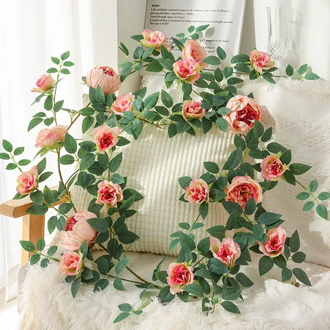 Enredadera de Peonía Artificial Tela de Seda Plástico Guirnalda de Flores Colgantes Falsas para Decoración de Pared Hogar Boda Jardín
