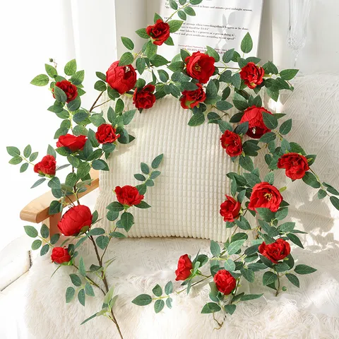 Enredadera de Peonía Artificial Tela de Seda Plástico Guirnalda de Flores Colgantes Falsas para Decoración de Pared Hogar Boda Jardín