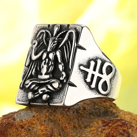 Anillo de Hombre Vintage de Acero Inoxidable con Cabeza de Cabra Baphomet Gótico Punk Satánico Pentagrama Anillo de Sello Joyería Biker Heavy Metal