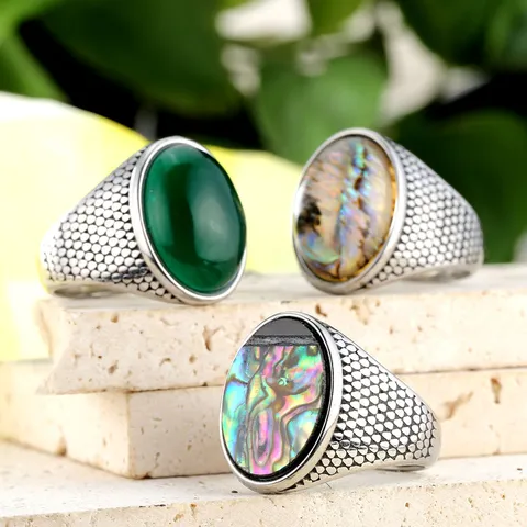 Vintage Men's 316L Stainless Steel Ring With Oval Synthetic Gemstone Punk Hip Hop Signet Ring Jewelry Gift For Men