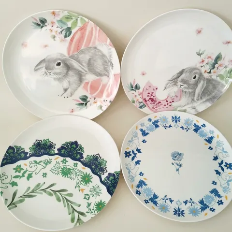 Assiette Moderne en Mélamine Motif Lapin de Pâques et Fleurs Ronde Vaisselle Incassable pour Maison Hôtel Restaurant