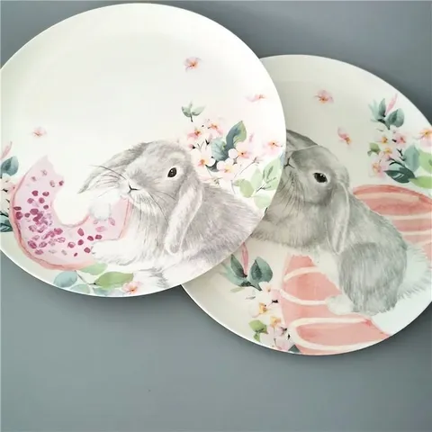 Assiette Moderne en Mélamine Motif Lapin de Pâques et Fleurs Ronde Vaisselle Incassable pour Maison Hôtel Restaurant