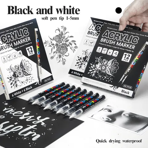 Black And White Liquid Acrylic Paint Marker Pens Soft Brush Tip Waterproof Marker Pen For Drawing Hand Lettering DIY Rock Canvas Art