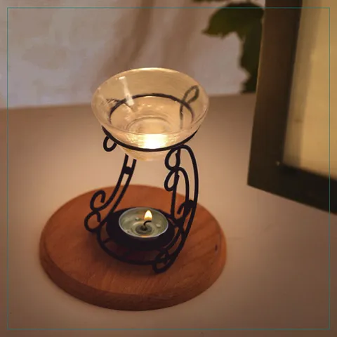 Brûleur d'Arôme en Art du Fer Minimaliste Nordique Avec Bol en Verre Et Base en Bois Diffuseur d'Huiles Essentielles Bougeoir