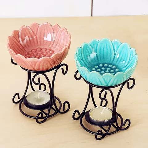 Iron Art Ceramic Aromatherapy Burner Essential Oil Holder Metal Frame Candle Wax Melt Warmer Home Decor Tabletop Ornament