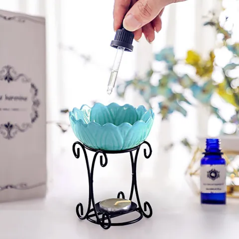 Iron Art Ceramic Aromatherapy Burner Essential Oil Holder Metal Frame Candle Wax Melt Warmer Home Decor Tabletop Ornament