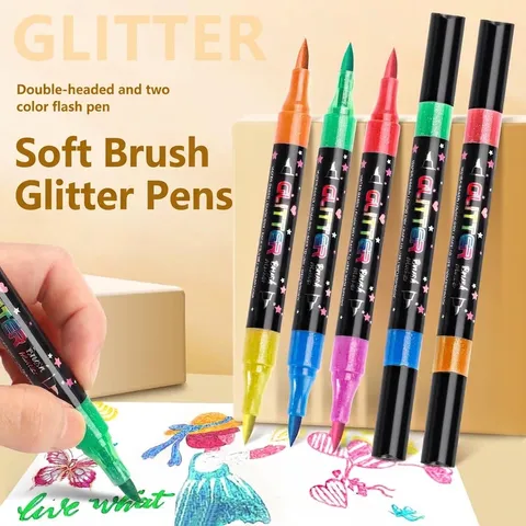 Glitter Dual Tip Marker Pens Vivid Double Color Ink Art Drawing Brush Pens For Students Scrapbooking DIY Decor Craft Pens