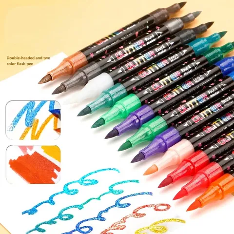Glitter Dual Tip Marker Pens Vivid Double Color Ink Art Drawing Brush Pens For Students Scrapbooking DIY Decor Craft Pens