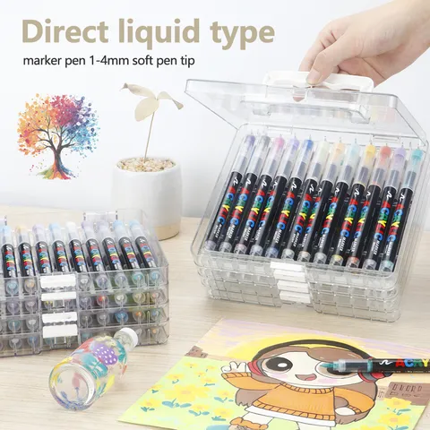 Acryl Markierstift Set Mit Transparentem Stapelbarem PET Aufbewahrungsbox Direktflüssigkeit Typ Weiche Pinselspitze Mehrfarbige Marker Für Zeichnen Schule Kunstbedarf