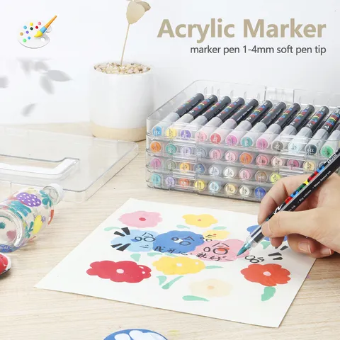 Acryl Markierstift Set Mit Transparentem Stapelbarem PET Aufbewahrungsbox Direktflüssigkeit Typ Weiche Pinselspitze Mehrfarbige Marker Für Zeichnen Schule Kunstbedarf