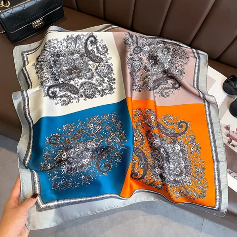 Vintage Paisley Print Satin Square Scarf For Women Lightweight Polyester Silk Like Hair Bandana Sun Protection Neck Scarf Shawl