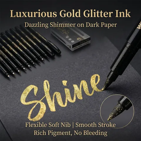 Soft Tip Calligraphy Brush Pen Black Gold Refillable Pens Student Writing Drawing Art Supplies