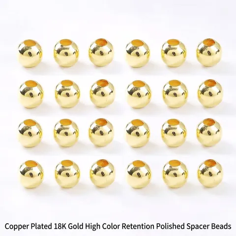 18K Gold Plated Copper Round Spacer Beads DIY Jewelry Findings Accessories Smooth Metal Ball Beads for Bracelet Necklace Making