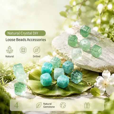 Natural Green Strawberry Quartz Cube Loose Beads Polished Crystal Gemstone Spacer Beads For DIY Jewelry Making Bracelet Necklace