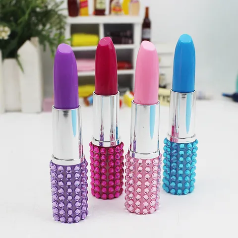 Creative Lipstick Shaped Ballpoint Pen With Rhinestone Embellishment Cute Plastic Multicolor Stationary Pens For School Kids Women Gift Daily Writing Blue Ink