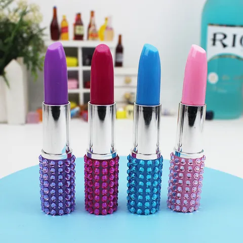 Creative Lipstick Shaped Ballpoint Pen With Rhinestone Embellishment Cute Plastic Multicolor Stationary Pens For School Kids Women Gift Daily Writing Blue Ink