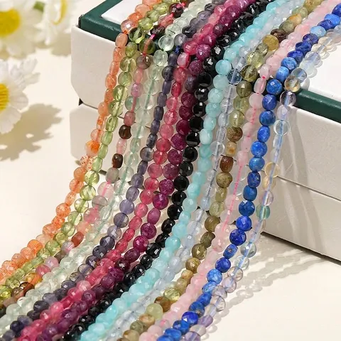Natural Stone Crystal Faceted Round Beads For DIY Jewelry Making Small Flat Beads Loose Strand Wholesale Accessories