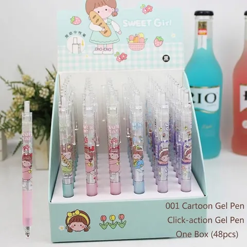 Cute Transparent Retractable Gel Pen Plastic Cartoon Strawberry Flower Design Office School Writing Stationery Black Ink Pen