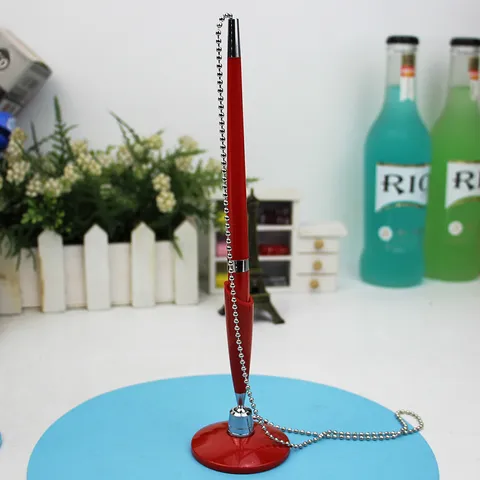 Rotating Ballpoint Desk Pen 818 With Fixed Base And Silver Security Chain Black Ink Signature Pen For Office Bank Hotel Reception Counter