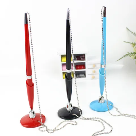 Rotating Ballpoint Desk Pen 818 With Fixed Base And Silver Security Chain Black Ink Signature Pen For Office Bank Hotel Reception Counter
