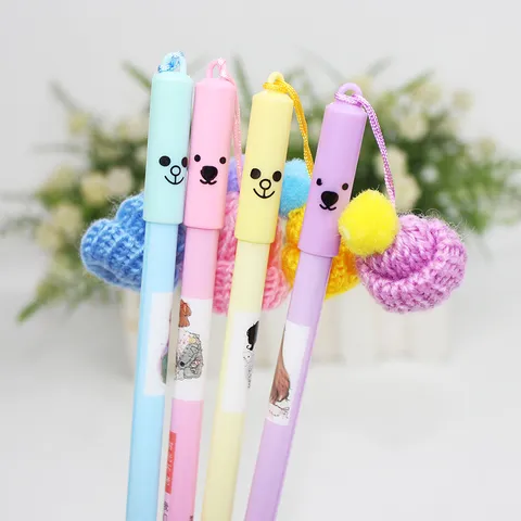 Cute Cartoon Bear Gel Pen With Knit Hat Pendant Creative Plastic Writing Pen Smooth Office School Supplies For Student Gift