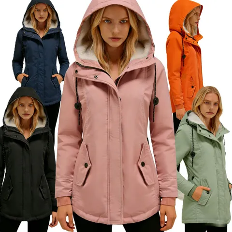 Women Mid Length Hooded Cotton Jacket Fleece Lined Parka Warm Winter Coat With Sherpa Lining Zipper Button Pockets Solid Color Casual Outerwear Top