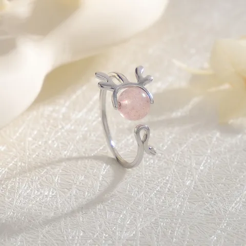 Sweet Elk Antler Strawberry Crystal Adjustable Open Ring For Women White Gold Plated Copper Zirconia Christmas Jewelry Gift