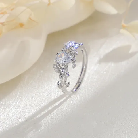 Bague Branche en Zirconia Taille Poire Vintage pour Femme Nature Ajustable Plaquée Or Blanc Feuille Bijou Cadeau