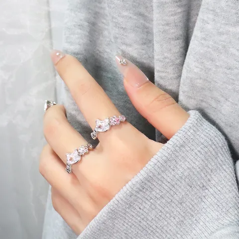 Cute Cat Paw Print Heart Zirconia Open Ring For Women Silver Plated Copper Kitten Adjustable Finger Ring Jewelry Gift