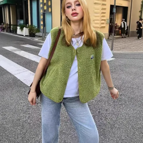 Women Casual Elegant Polyester Sleeveless Vest Top Single-Breasted Mid-Long Length Loose Warm Solid Outerwear Pocket Vest For Spring Autumn
