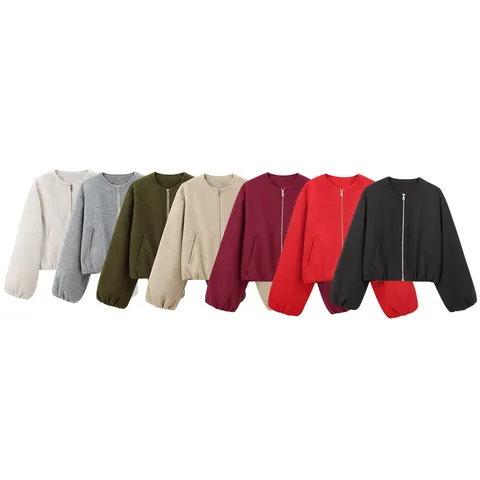 Blouson Bombardier Souple Court pour Femmes Col Rond Fermeture Éclair Manches Longues Manteau Décontracté Couleur Unie pour Printemps Automne