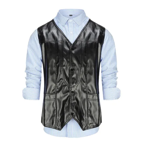Men PU Leather Vest V Neck Waistcoat Loose Solid Sleeveless Jacket Casual Multi Pockets Outerwear Top