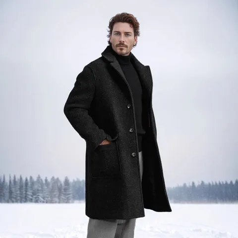 Men's British Style Long Woolen Overcoat Single Breasted Lapel Solid Color Business Casual Trench Coat Outerwear For Autumn