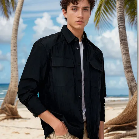 Men's Casual Polyester Shirt Jacket Thin Long Sleeve Solid Color Workwear Coat With Double Chest Pockets For Spring Autumn