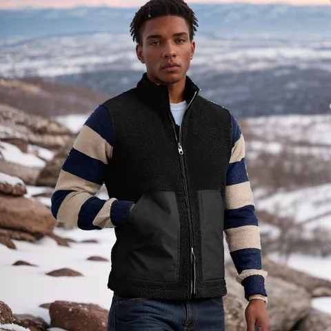Men Casual Polyester Fleece Vest Stand Collar Zipper Multi-Pocket Warm Sleeveless Top For Autumn Winter