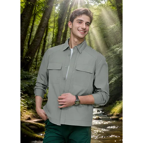 Men's Casual Polyester Shirt Jacket Thin Long Sleeve Solid Color Workwear Coat With Double Chest Pockets For Spring Autumn