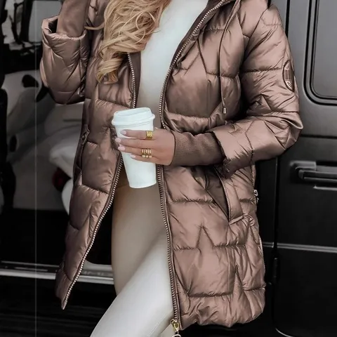 Women Metallic Padded Coat Star Quilting Hooded Jacket Glossy Winter Outerwear Zip Up Warm Commuter Parka Cotton Top