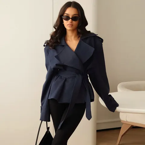 Women Mature Elegant Polyester Lapel Long Sleeve Top Outerwear Casual Loose Fit Commuting Belted Solid Color Fashion Shirt Jacket