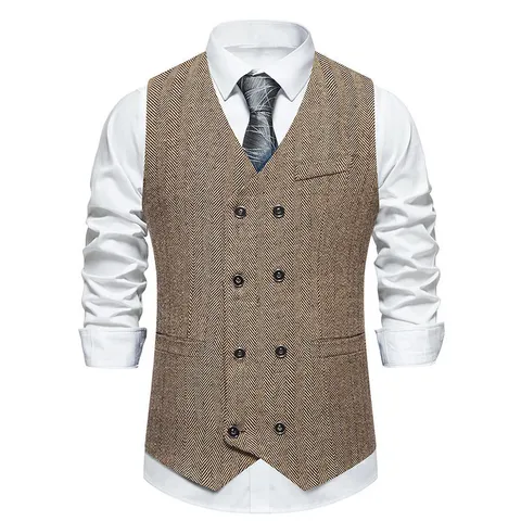 Men Herringbone Double Breasted Suit Vest Business Casual Slim Fit V-Neck Waistcoat Sleeveless Jacket Outerwear Top