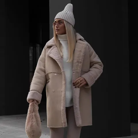 Dames Winter Lang Suède Imitatie Lamswol Mantel Reverskraag Los Warm Genaaid Lange Mouwen Zakken Elegant Jas Top Jack