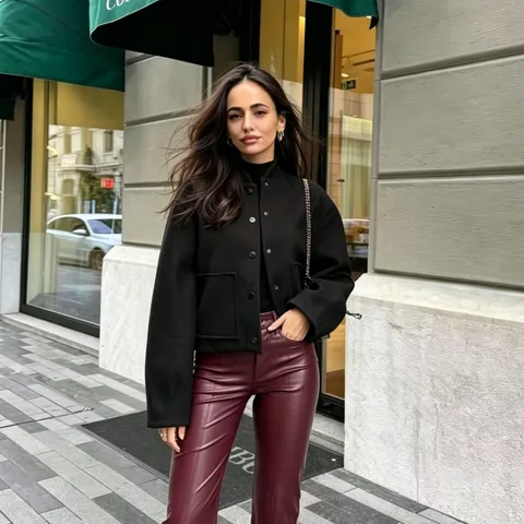 Women Casual Polyester Solid Color Flying Jacket Stand Collar Single-Breasted Outerwear With Big Pockets Loose Fit Top For Commuting Everyday
