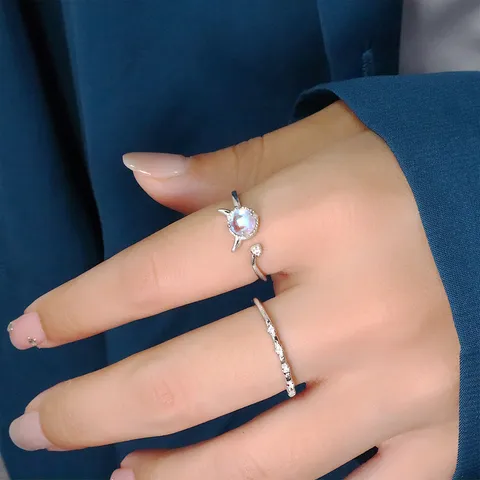 Korean Creative Little Devil Open Ring For Women Synthetic Moonstone Zirconia Adjustable Finger Ring Sweet Jewelry Gift