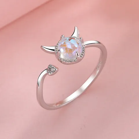 Korean Creative Little Devil Open Ring For Women Synthetic Moonstone Zirconia Adjustable Finger Ring Sweet Jewelry Gift