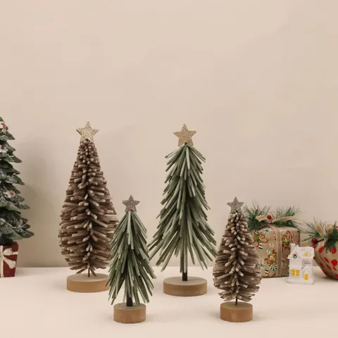 Nordic Style Felt Christmas Tree Miniature Desktop Ornament Handmade Wooden Base Pine Cone Design With Glitter Star Top