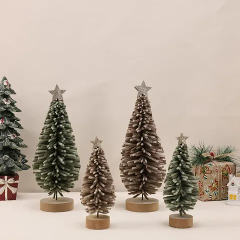 Nordic Style Felt Christmas Tree Miniature Desktop Ornament Handmade Wooden Base Pine Cone Design With Glitter Star Top
