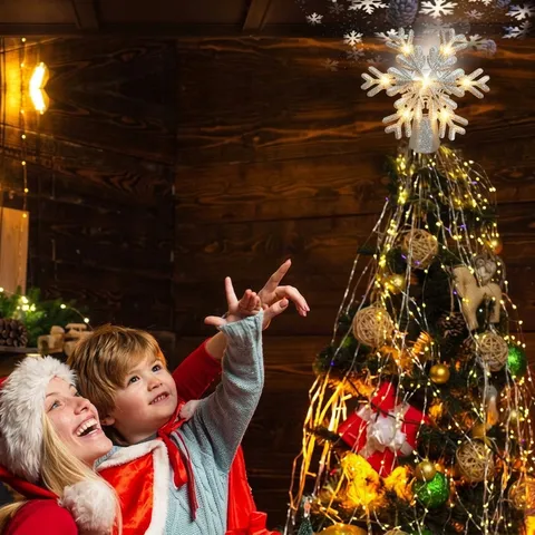 Christmas Tree Star Topper LED Snowflake Projector Light Glitter Hollowed-out Star Snowflake Decoration For Xmas Indoor