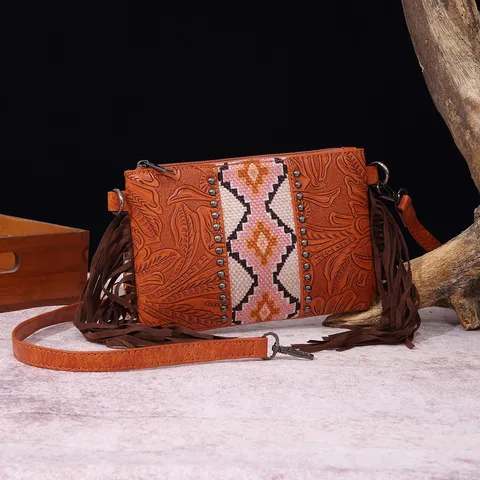 Bolso Bandolera Bohemio Retro Occidental con Borlas para Mujer Lino de Algodón Relieve Mosaico Remache Cartera Etnica