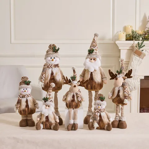 Nordic Christmas Plush Ornaments Brown Khaki Stretchable Snowman Elk Santa Claus Dolls For Home Desktop Holiday Decoration
