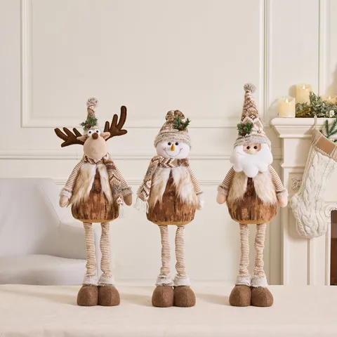 Nordic Christmas Plush Ornaments Brown Khaki Stretchable Snowman Elk Santa Claus Dolls For Home Desktop Holiday Decoration